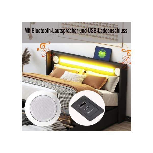 Säng 140x200 med LED-ljusskena, Bluetooth-högtalare och USB-laddare, förvaringssäng i PU-läder