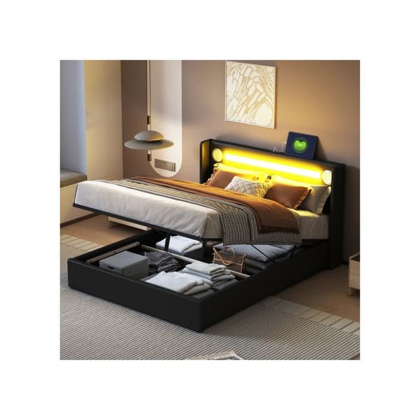 Säng 140x200 med LED-ljusskena, Bluetooth-högtalare och USB-laddare, förvaringssäng i PU-läder