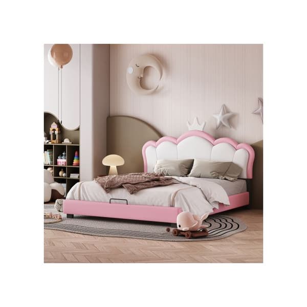 Ventilerad babysäng med ribbotten och ryggstöd, tjejäng i kronform, 140*200 cm, rosa (madrass ingår ej)
