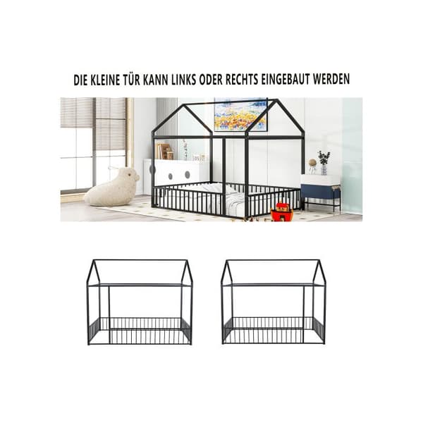 Barnsäng 140 X 200 Metallisk sängram med staket för barn, tonåringar, flickor, pojkar, Svart