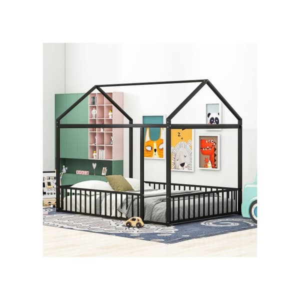 Barnsäng 140 X 200 Metallisk sängram med staket för barn, tonåringar, flickor, pojkar, Svart