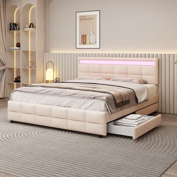 Bädd 180 x 200 cm, dubbelsängsram med LED och 4 lådor, ribbotten och huvudgavel, beige