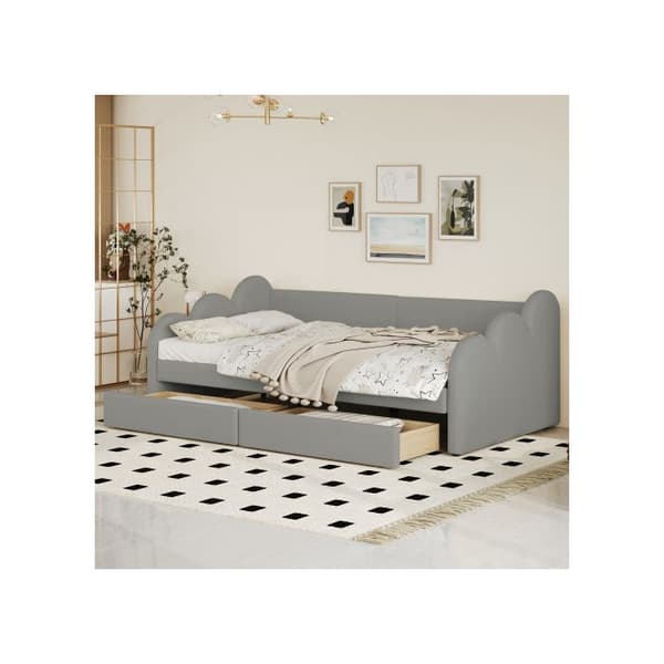 Bäddsoffa 90*200 cm, multifunktionell säng med ryggstöd och armstöd, med 2 förvaringsutrymmen, grå
