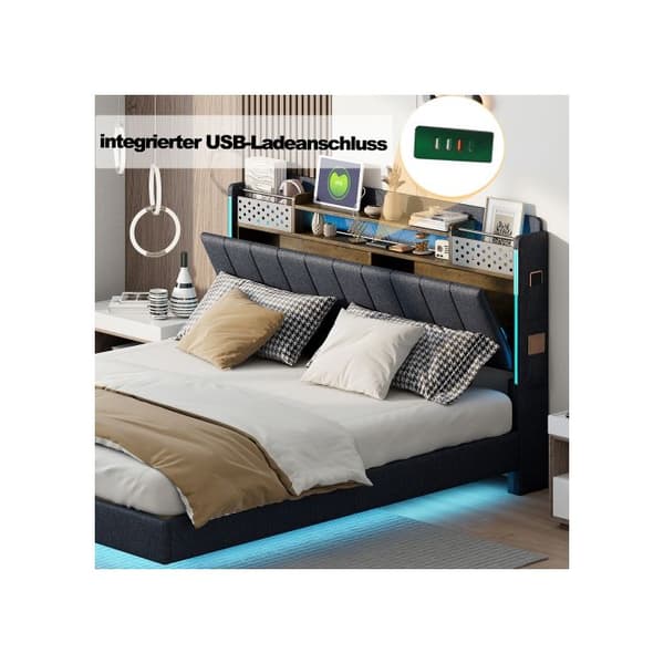 Säng 140*200 med LED-belysning och USB-port, sänggavel med förvaring, linne, grå