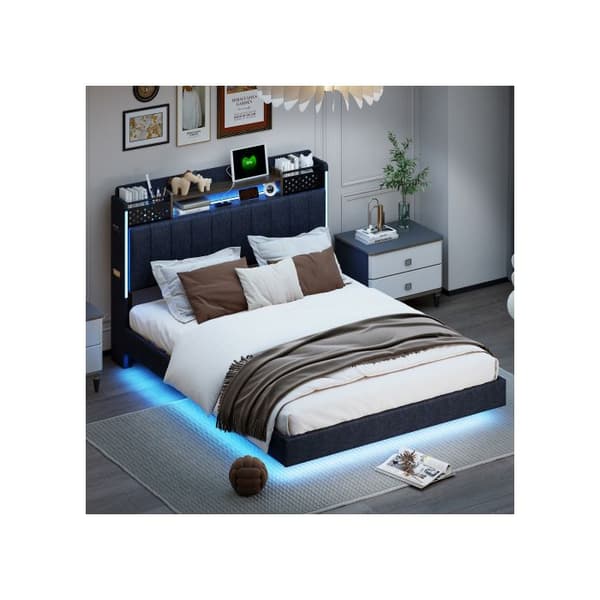 Säng 140*200 med LED-belysning och USB-port, sänggavel med förvaring, linne, grå