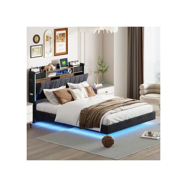 Säng 140*200 med LED-belysning och USB-port, sänggavel med förvaring, linne, grå