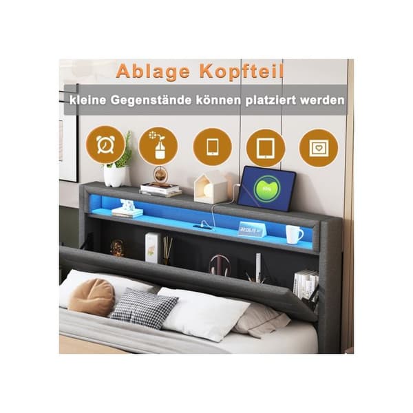 Lit capitonné 160x200 cm, med USB-port och LED-belysning, vändbar huvudgavel, döljs fotände, grå linne tyg.
