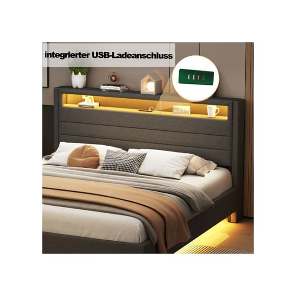 Lit capitonné 160x200 cm, med USB-port och LED-belysning, vändbar huvudgavel, döljs fotände, grå linne tyg.