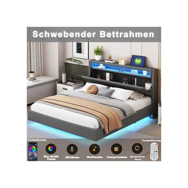 Lit capitonné 160x200 cm, med USB-port och LED-belysning, vändbar huvudgavel, döljs fotände, grå linne tyg.