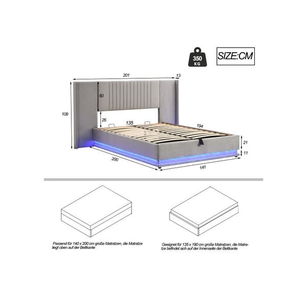 Säng med stoppad ram 140 x 200 cm, dubbel, med förlängd huvudgavel och ryggstöd, med LED-belysning, med hydrauliskt stöd, grå.