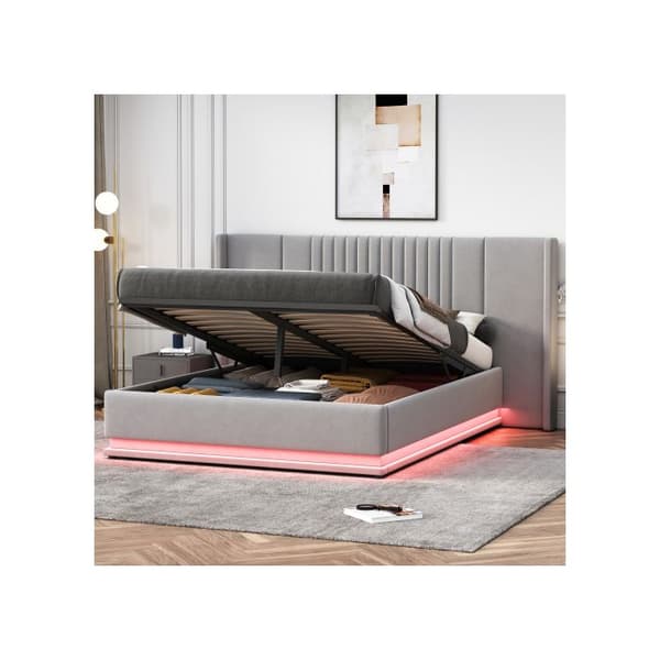 Säng med stoppad ram 140 x 200 cm, dubbel, med förlängd huvudgavel och ryggstöd, med LED-belysning, med hydrauliskt stöd, grå.