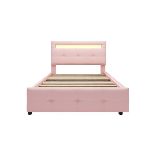 Säng med stoppad huvudgavel 90*200 cm, med LED-belysning, 2 lådor, täckning i mjukt linne för huden (rosa)