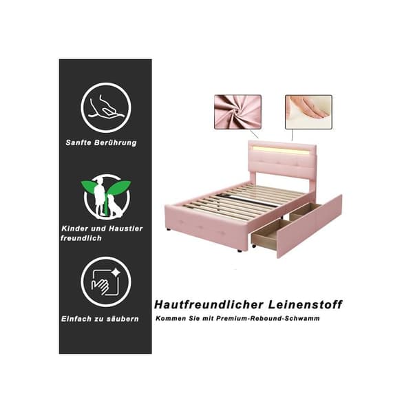 Säng med stoppad huvudgavel 90*200 cm, med LED-belysning, 2 lådor, täckning i mjukt linne för huden (rosa)