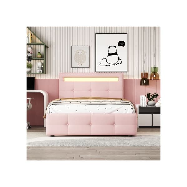Säng med stoppad huvudgavel 90*200 cm, med LED-belysning, 2 lådor, täckning i mjukt linne för huden (rosa)