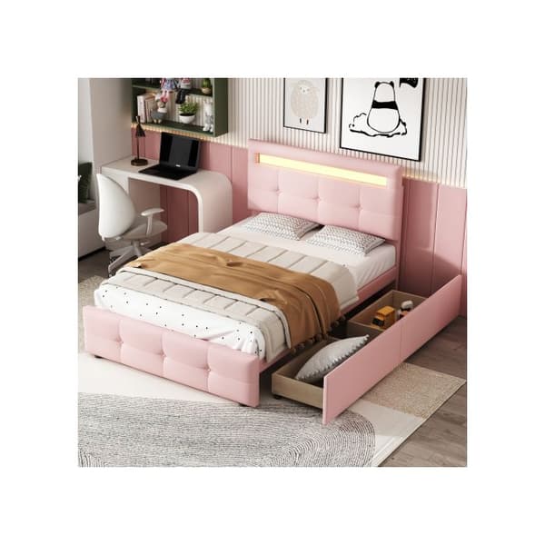 Säng med stoppad huvudgavel 90*200 cm, med LED-belysning, 2 lådor, täckning i mjukt linne för huden (rosa)