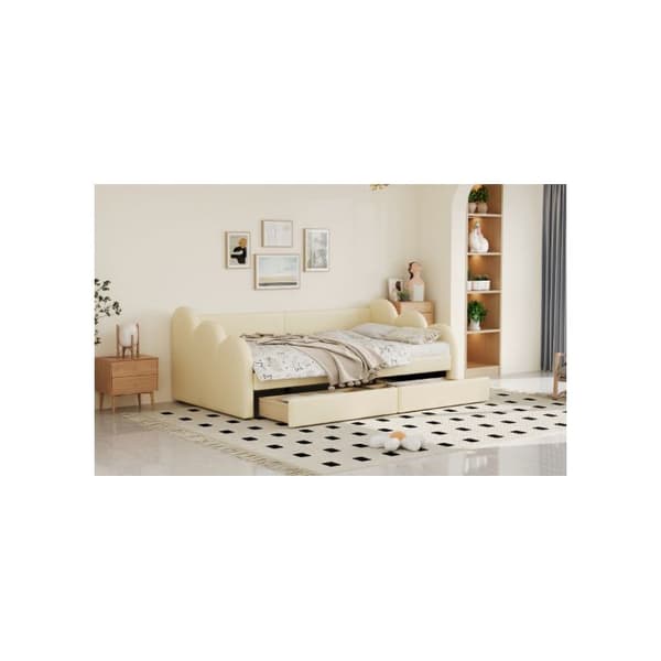 Säng med stoppad klädsel 90*200 cm, bäddsoffa, multifunktionell säng med ryggstöd och armstöd, med 2 förvaringsutrymmen, beige