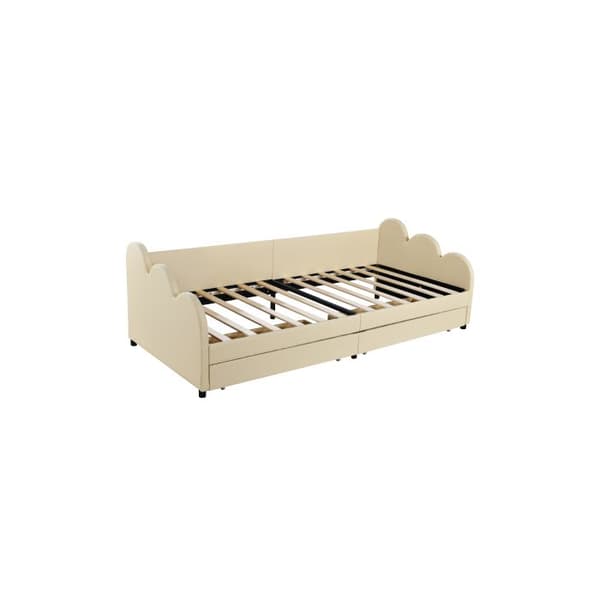 Säng med stoppad klädsel 90*200 cm, bäddsoffa, multifunktionell säng med ryggstöd och armstöd, med 2 förvaringsutrymmen, beige