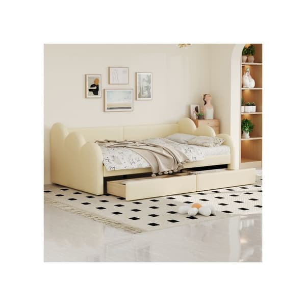 Säng med stoppad klädsel 90*200 cm, bäddsoffa, multifunktionell säng med ryggstöd och armstöd, med 2 förvaringsutrymmen, beige