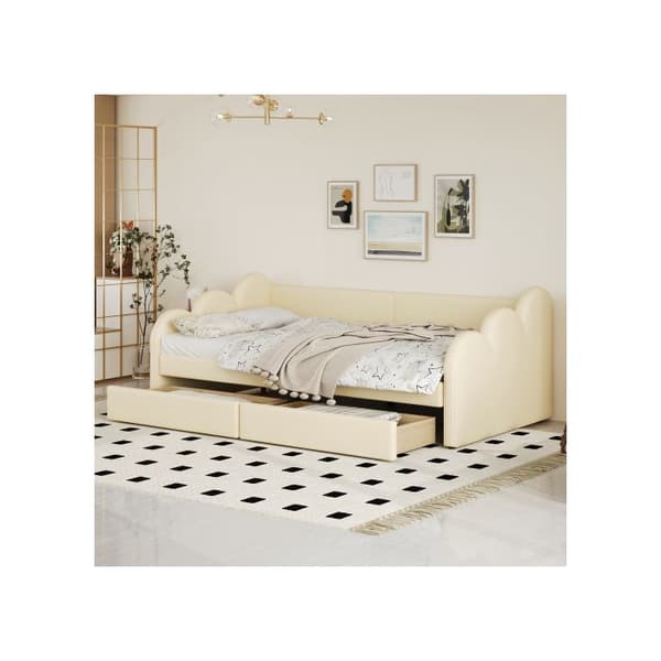 Säng med stoppad klädsel 90*200 cm, bäddsoffa, multifunktionell säng med ryggstöd och armstöd, med 2 förvaringsutrymmen, beige