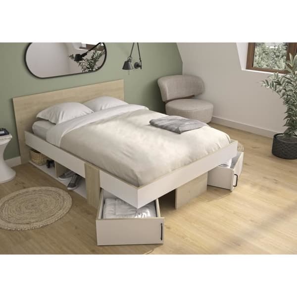 DIAGONE Vuxensäng med förvaringslådor - Ek och vit - 140 x 190 - SWIVEL