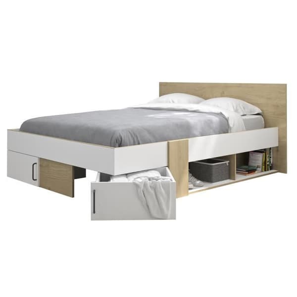 DIAGONE Vuxensäng med förvaringslådor - Ek och vit - 140 x 190 - SWIVEL
