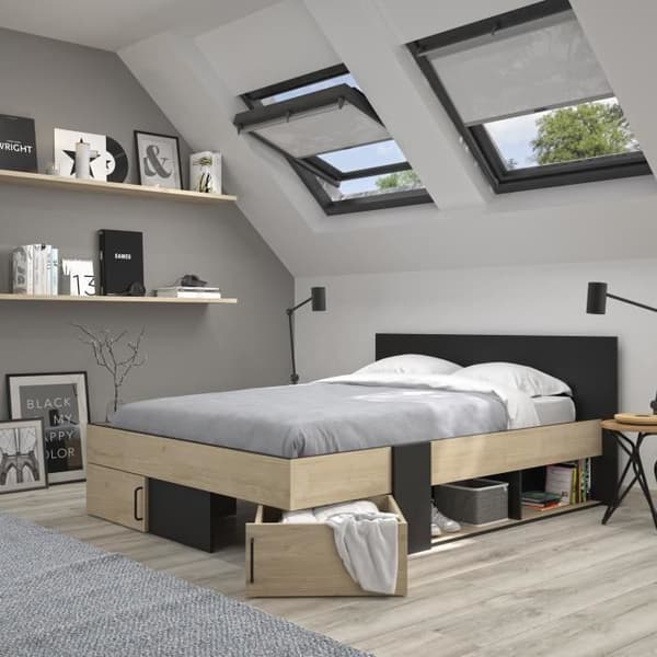 DIAGONE Vuxensäng med förvaringslådor - Kastanj och svart - 160 x 200 - SWIVEL