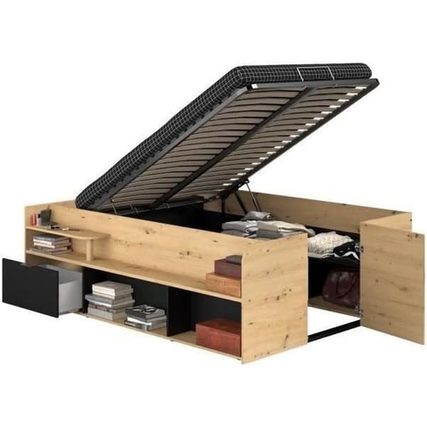 ODYSSEE Lit med förvaringsutrymme för vuxna - 140x190/200 cm - Med uppfällbar förvaring - Ek- och svart dekoration - 166,2 x 66,5 x 205,8 cm