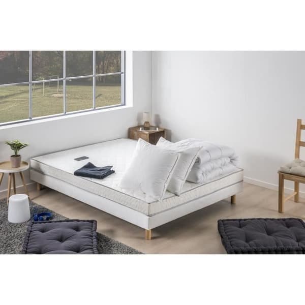 Pack redo att sova Madrass 140x190 cm + Boxresår + Täcke + 2 kuddar 60x60 cm - Skum 14 cm - Fast - DEKO DREAM TOP