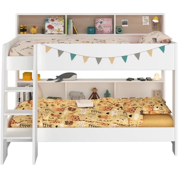 PARISOT Barnvåningssängar - Ek och Shadow White dekor - Boxfjädrar ingår - 2 x 90 x 200 cm - JIM