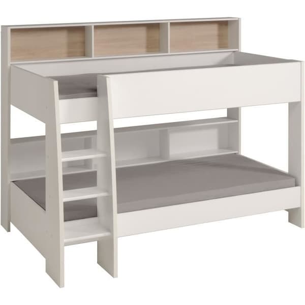 PARISOT Barnvåningssängar - Ek och Shadow White dekor - Boxfjädrar ingår - 2 x 90 x 200 cm - JIM