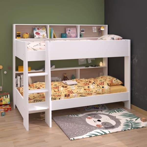 PARISOT Barnvåningssängar - Ek och Shadow White dekor - Boxfjädrar ingår - 2 x 90 x 200 cm - JIM