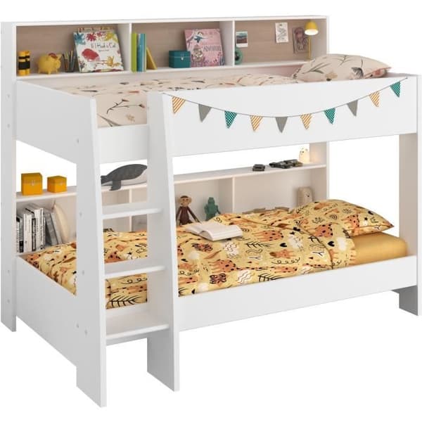 PARISOT Barnvåningssängar - Ek och Shadow White dekor - Boxfjädrar ingår - 2 x 90 x 200 cm - JIM
