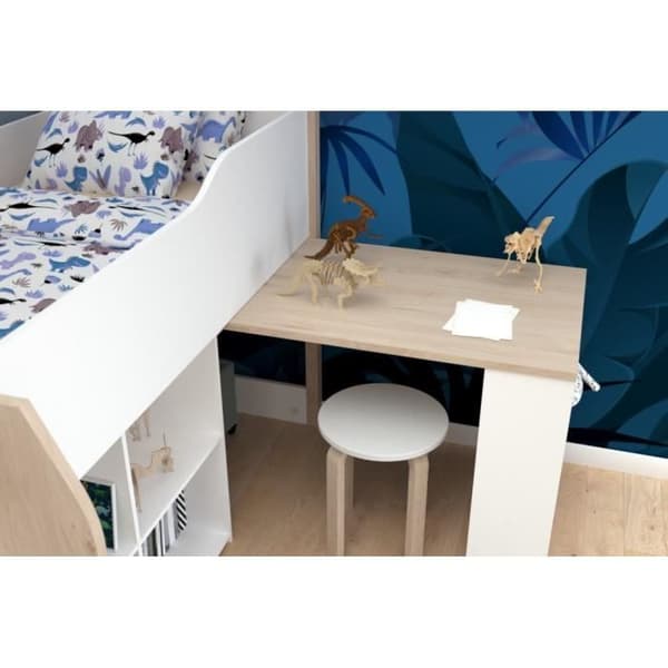 Kombinerad barnsäng med infällbart skrivbord - PARISOT - LIAM - Vit och ek - Fjäder medföljer - 90x200 cm