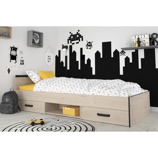 PARISOT Zodiac barnsäng - 90x200 cm - Spånskiva - Ek och svart dekor - Förvaring