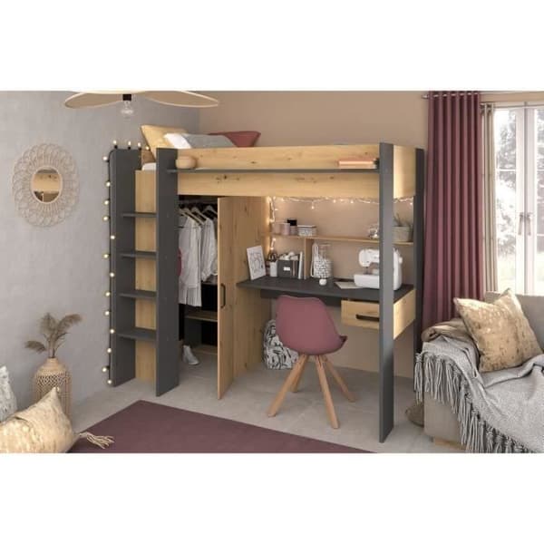 PARISOT HIGH kombinerad mezzaninbädd för barn - Ek och grå - Boxfjäder ingår - 90 x 200 cm