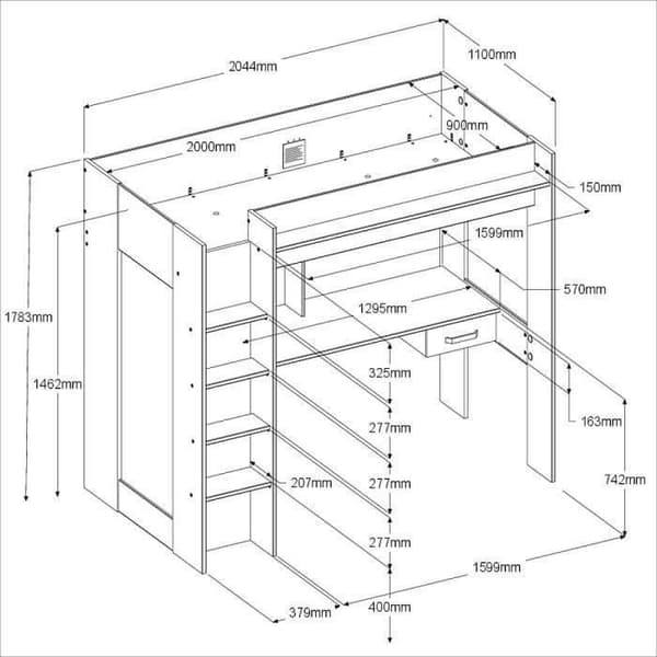 PARISOT HIGH kombinerad mezzaninbädd för barn - Ek och grå - Boxfjäder ingår - 90 x 200 cm