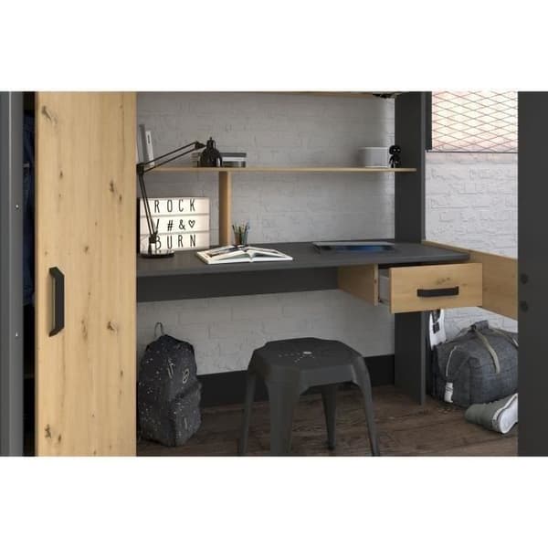 PARISOT HIGH kombinerad mezzaninbädd för barn - Ek och grå - Boxfjäder ingår - 90 x 200 cm