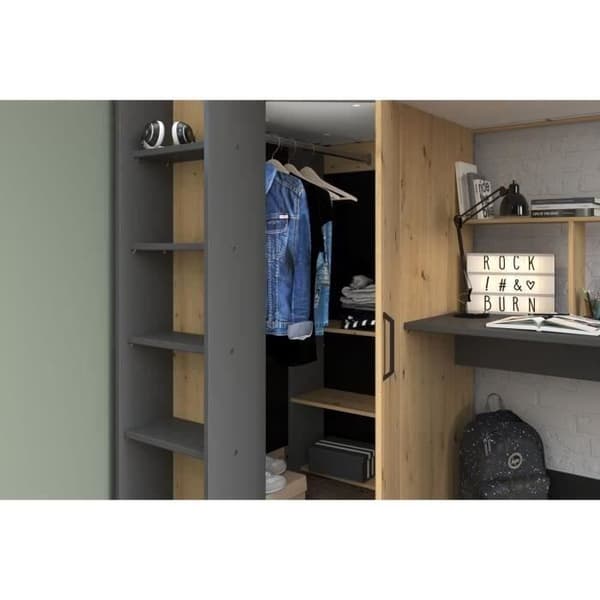 PARISOT HIGH kombinerad mezzaninbädd för barn - Ek och grå - Boxfjäder ingår - 90 x 200 cm