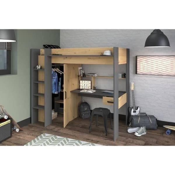 PARISOT HIGH kombinerad mezzaninbädd för barn - Ek och grå - Boxfjäder ingår - 90 x 200 cm