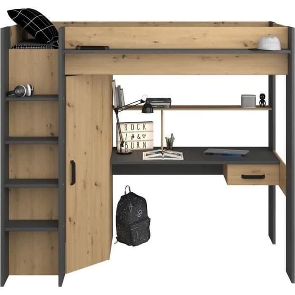 PARISOT HIGH kombinerad mezzaninbädd för barn - Ek och grå - Boxfjäder ingår - 90 x 200 cm