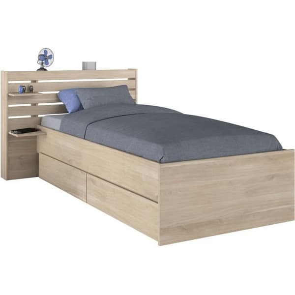 ESCALE barnsäng 90x190/200 cm - Ekdekor - Sänggavel + 2 lådor - L121,5 x H88,6 x D216,8 cm