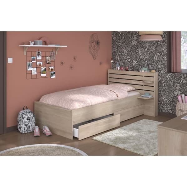 ESCALE barnsäng 90x190/200 cm - Ekdekor - Sänggavel + 2 lådor - L121,5 x H88,6 x D216,8 cm