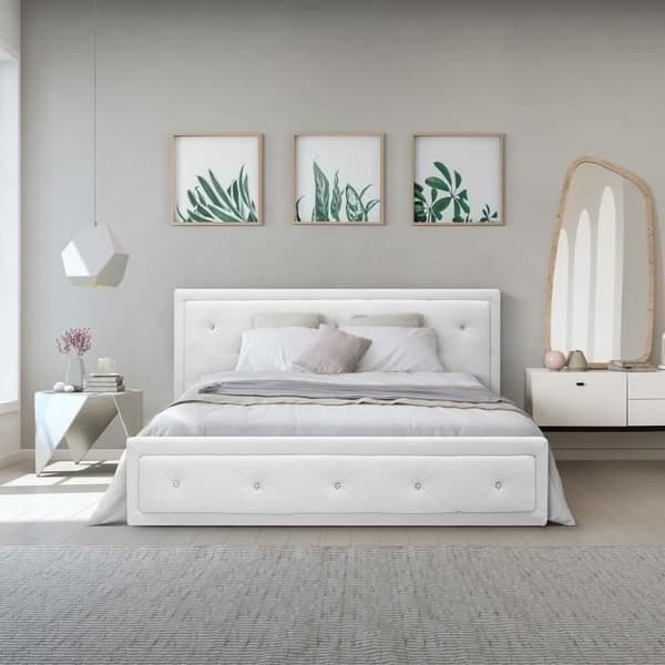 VIRGINIA Vuxen vadderad förvaringssäng med strass 160x200 cm - Vit imitation - Boxfjäder ingår