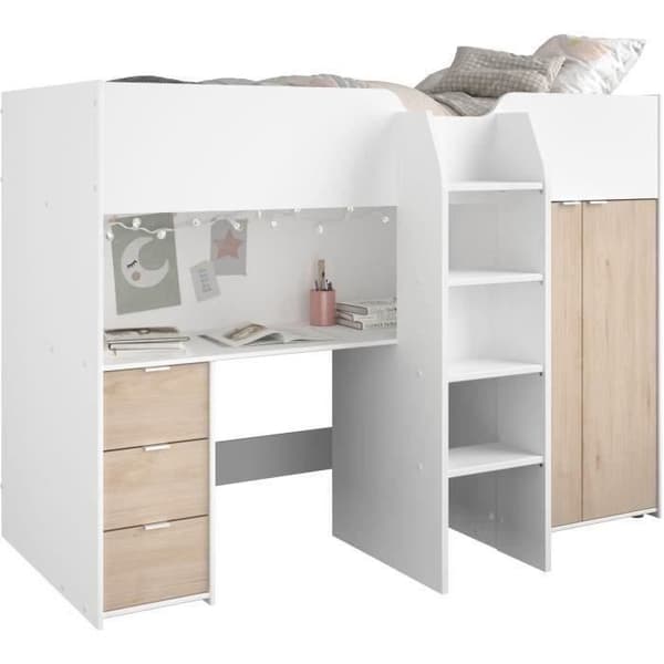 Kombinerad entresolsäng för barn - TOM - Vit och ek - Garderob, skrivbord och resårbox ingår