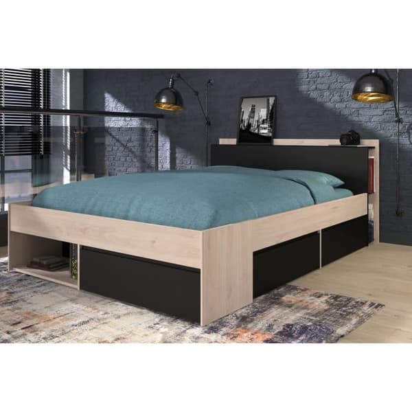 Lit vuxen COMBO 140x190/200 cm - Ek och svart - 3 lådor - PARISOT