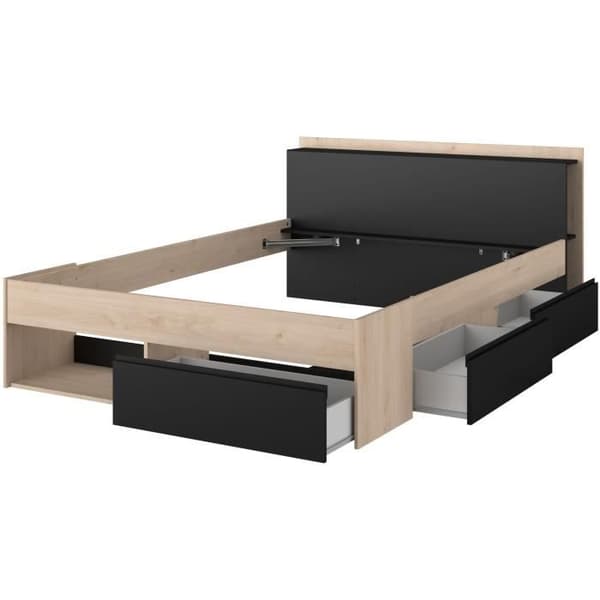 Lit vuxen COMBO 140x190/200 cm - Ek och svart - 3 lådor - PARISOT