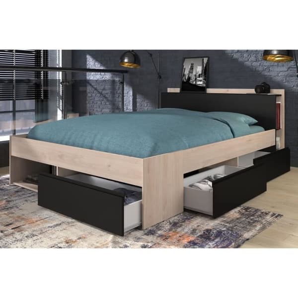 Lit vuxen COMBO 140x190/200 cm - Ek och svart - 3 lådor - PARISOT