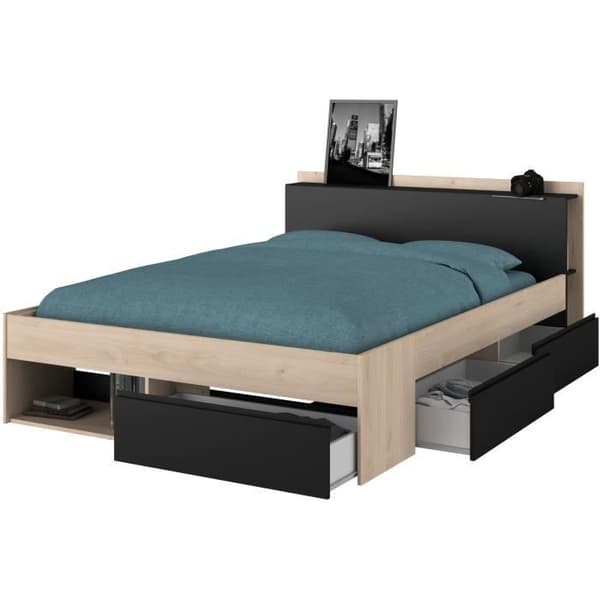 Lit vuxen COMBO 140x190/200 cm - Ek och svart - 3 lådor - PARISOT
