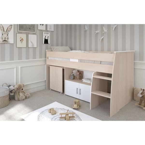 Parisot ZOLA kombinerad barnsäng 90x200 cm - 2 dörrar - Med skrivbord - Ljus och vit akaciadekor
