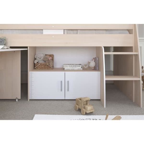 Parisot ZOLA kombinerad barnsäng 90x200 cm - 2 dörrar - Med skrivbord - Ljus och vit akaciadekor